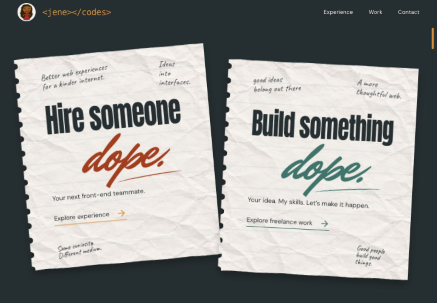 JenéCodes homepage desktop layout with two notebook pages side by side